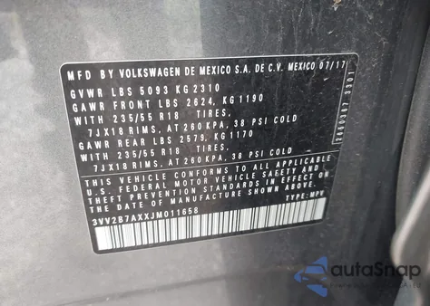 2018 Volkswagen Tiguan 2.0T Se/2.0T Sel z USA, uszkodzony, nr VIN 3VV2B7AXXJM011658